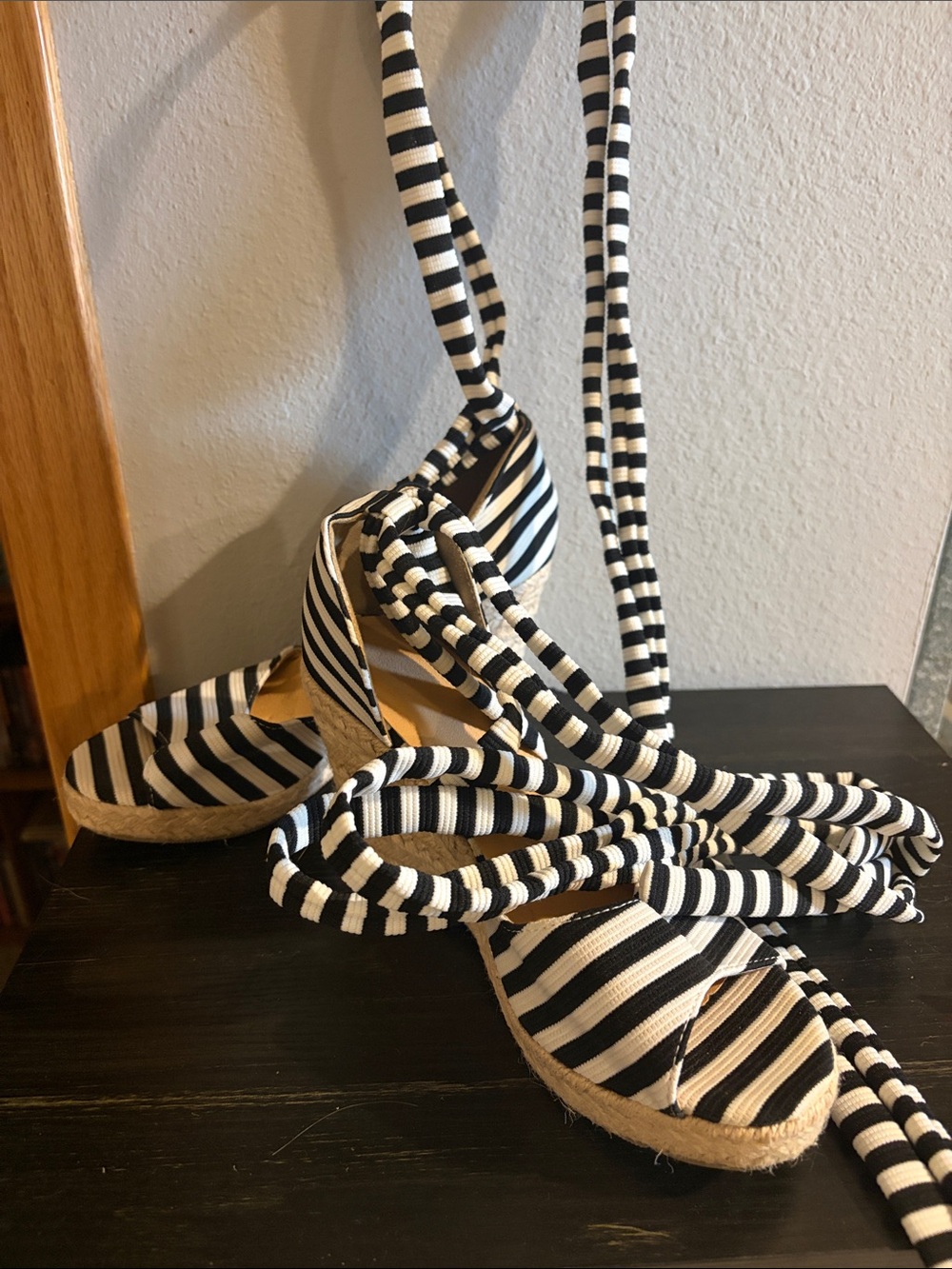 Striped Black and White Espadrille Lace-Up Sandals